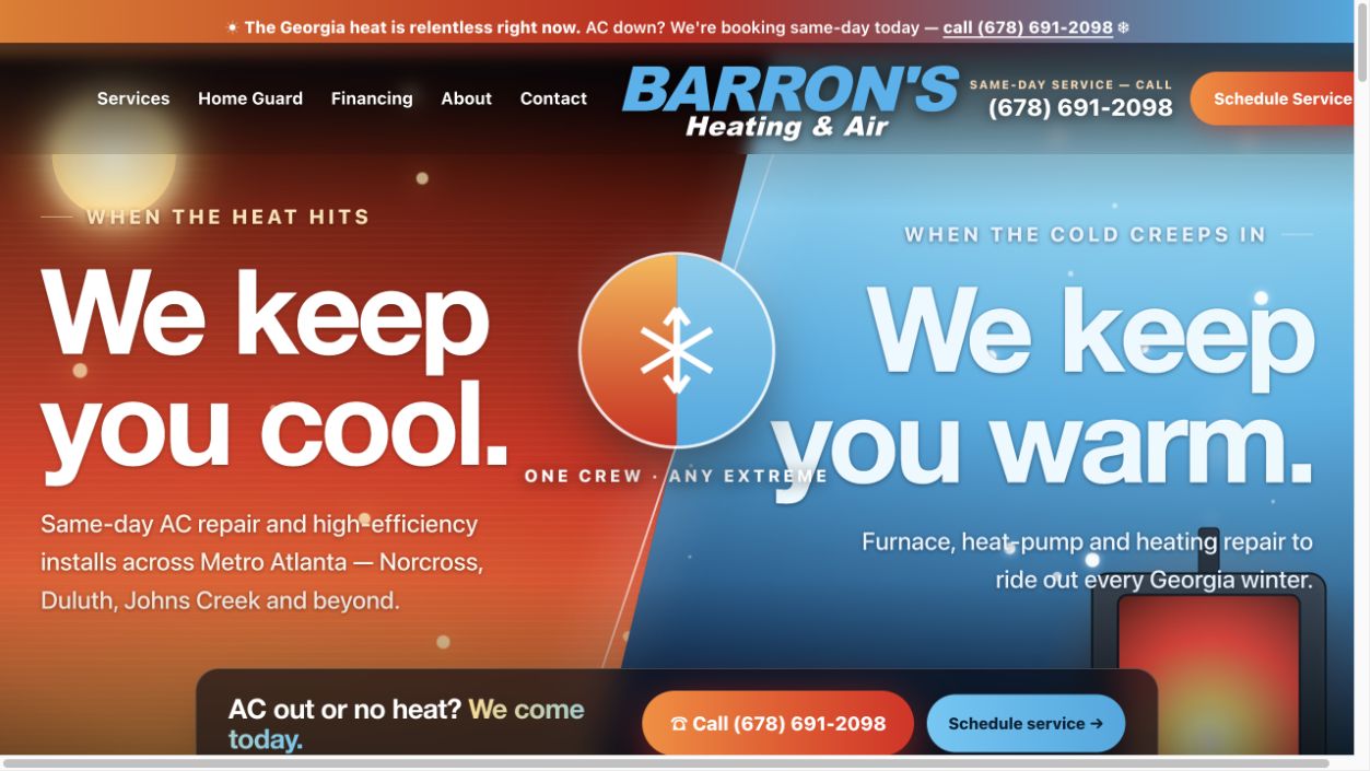 Barron's Heating and Air website opening screen