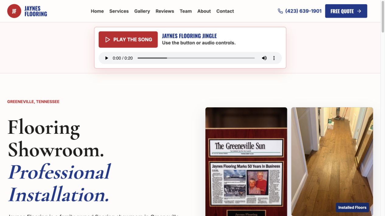 Jaynes Flooring website opening screen
