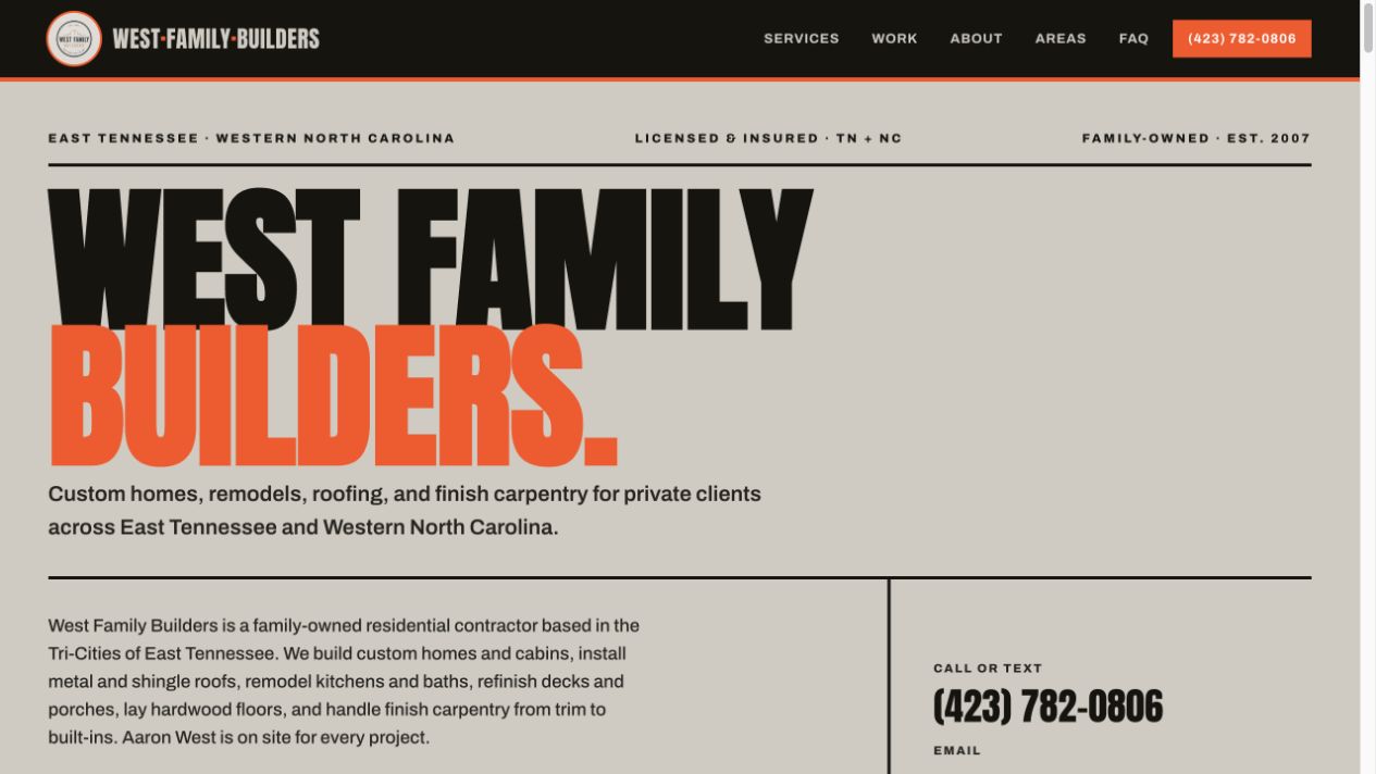 West Family Builders website opening screen
